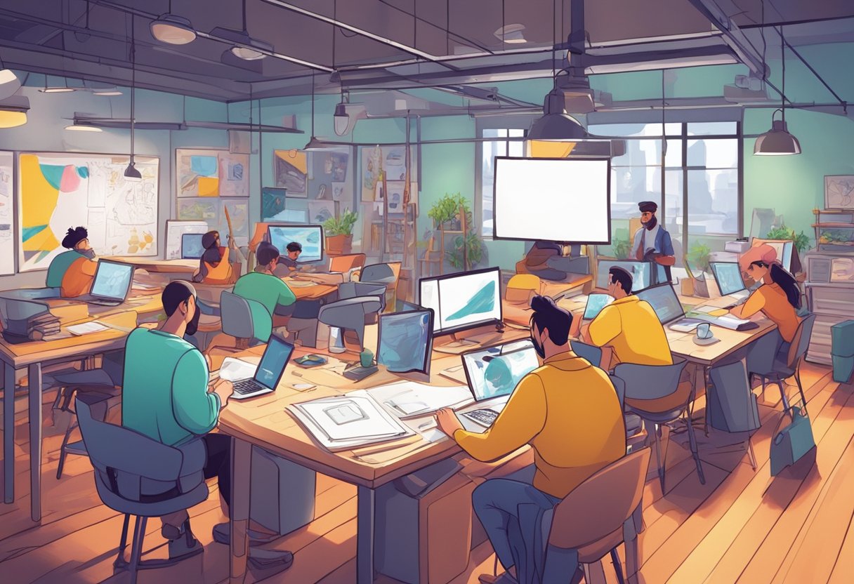 A bustling animation studio with artists sketching and brainstorming character designs. Bright colors and creative energy fill the room