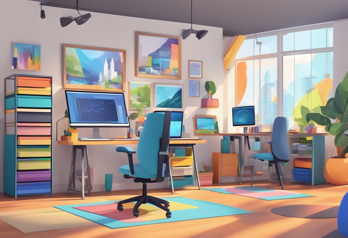 A colorful and dynamic animation studio with various workstations and screens displaying successful educational animation projects