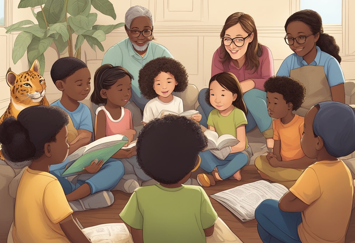 A group of diverse animals gather around a storyteller, listening intently as she weaves nonfiction narratives into an interactive educational storytelling session