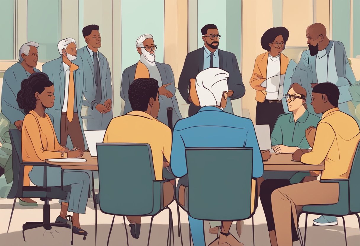A diverse group of characters engaging in thoughtful discussions and decision-making, with visual cues representing ethical considerations and personal responsibility