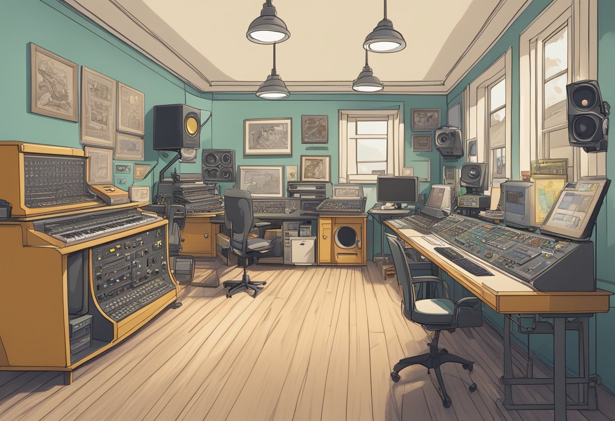 A bustling animation studio with vintage equipment and iconic character sketches adorning the walls