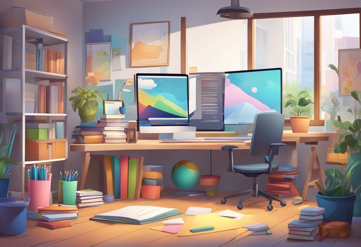 A colorful animation studio with a whiteboard, computer, and drawing tablet. Books and educational materials are scattered around the room