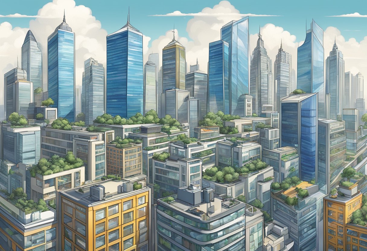 A modern city skyline with skyscrapers and bustling streets, featuring corporate logos and commercial billboards