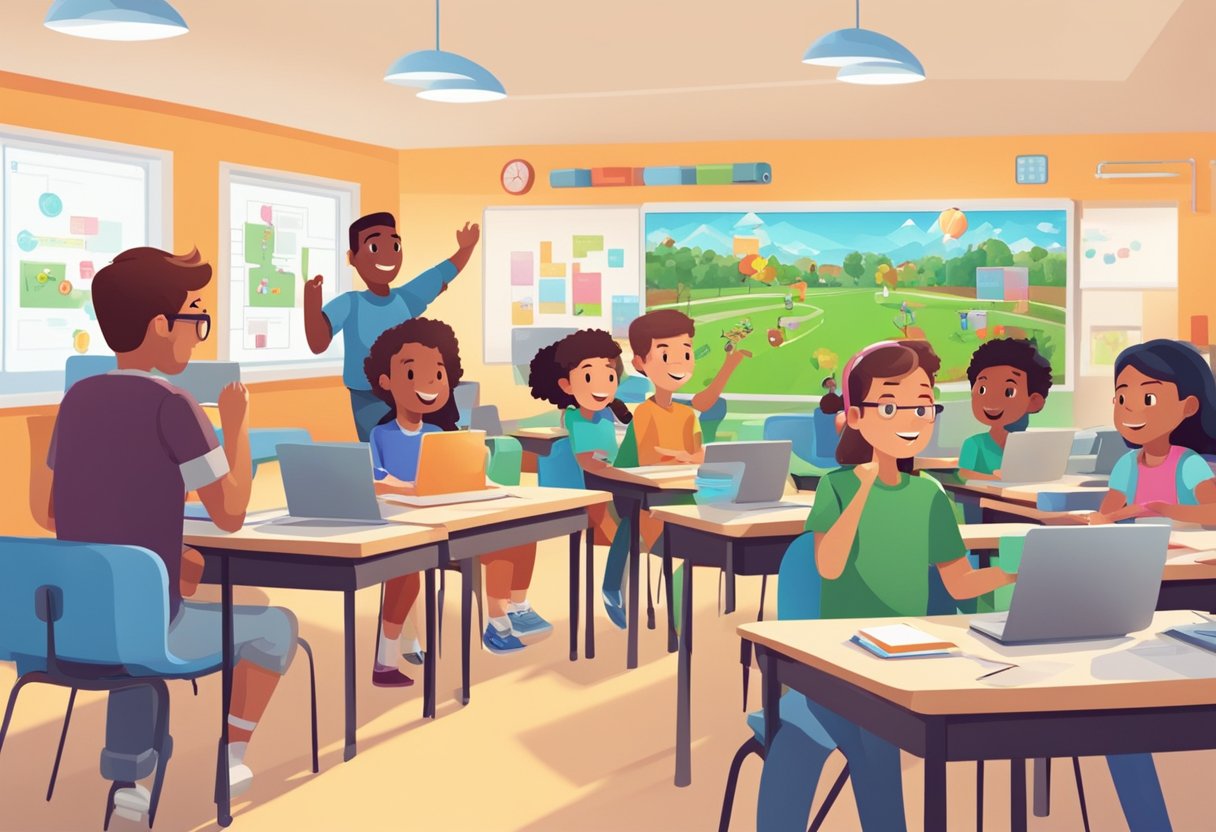 A digital classroom with animated characters engaging in game-based learning