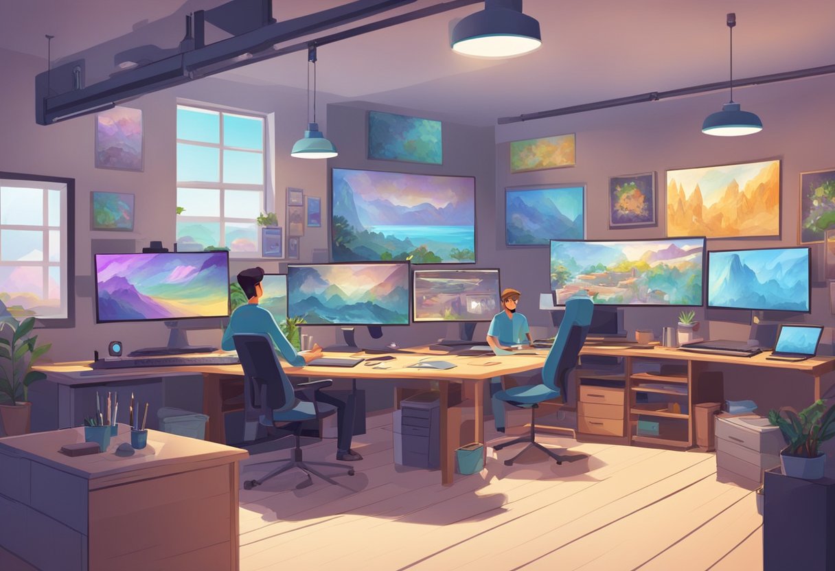 An animation studio with multiple workstations, computers, and drawing tablets. Various colorful concept art and character designs decorate the walls