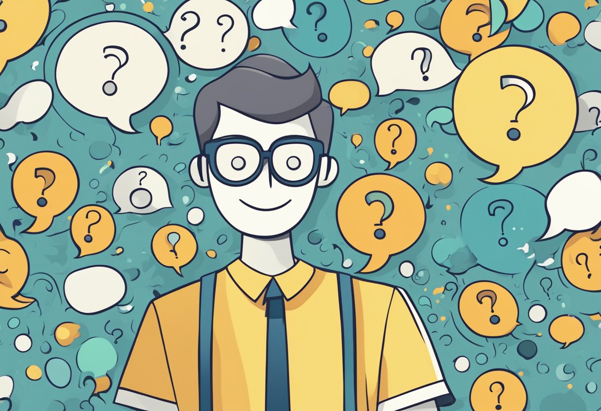 An animated character surrounded by question marks and speech bubbles