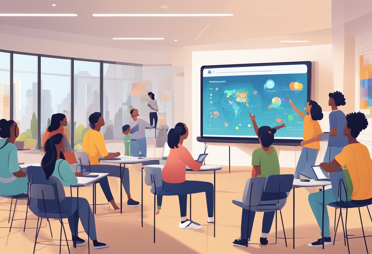 A group of diverse students engage with a large interactive screen displaying colorful and engaging animated educational content
