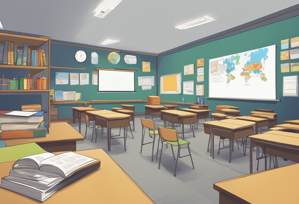 A classroom setting with various animation teaching resources such as books, computers, and drawing tablets. A timeline of animation history is displayed on the wall