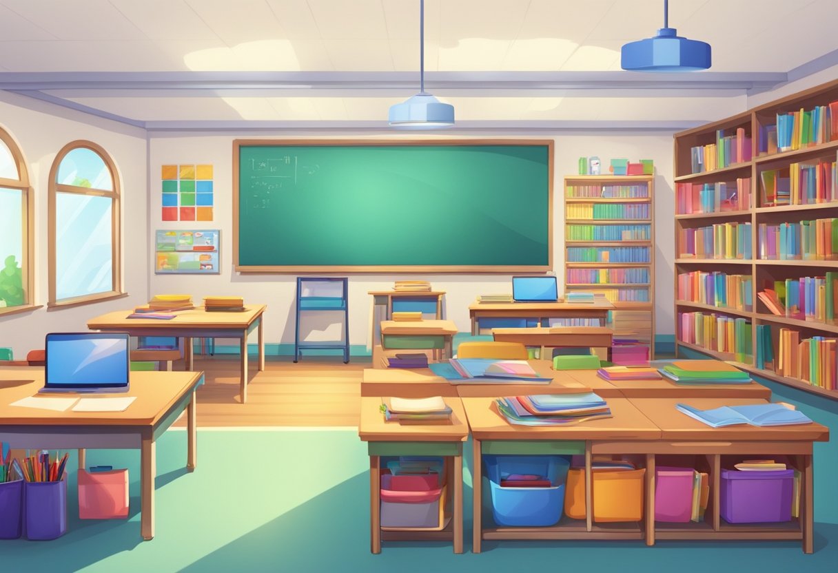 A colorful classroom with animation equipment, whiteboards, and teaching materials on shelves