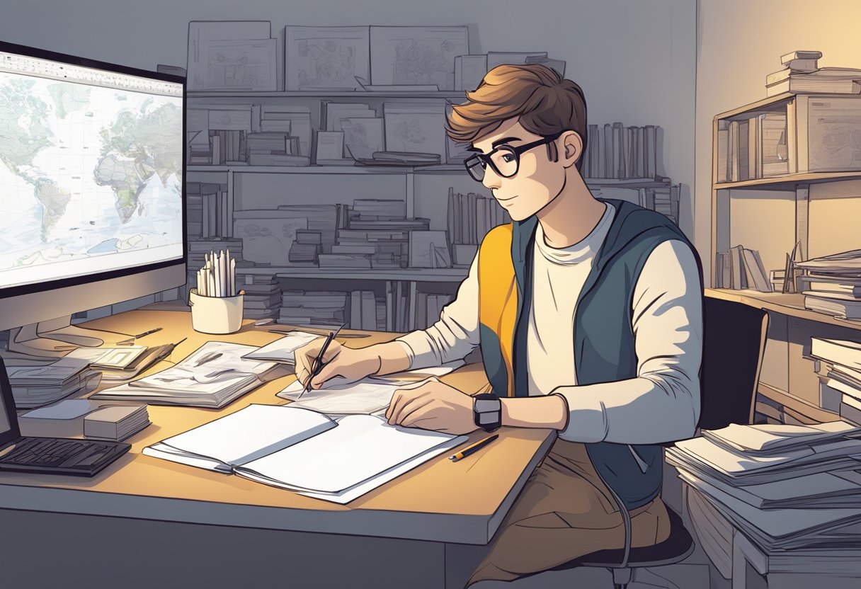 A young animator sitting at a desk surrounded by animation teaching resources, including books, drawing tablets, and a computer with animation software open