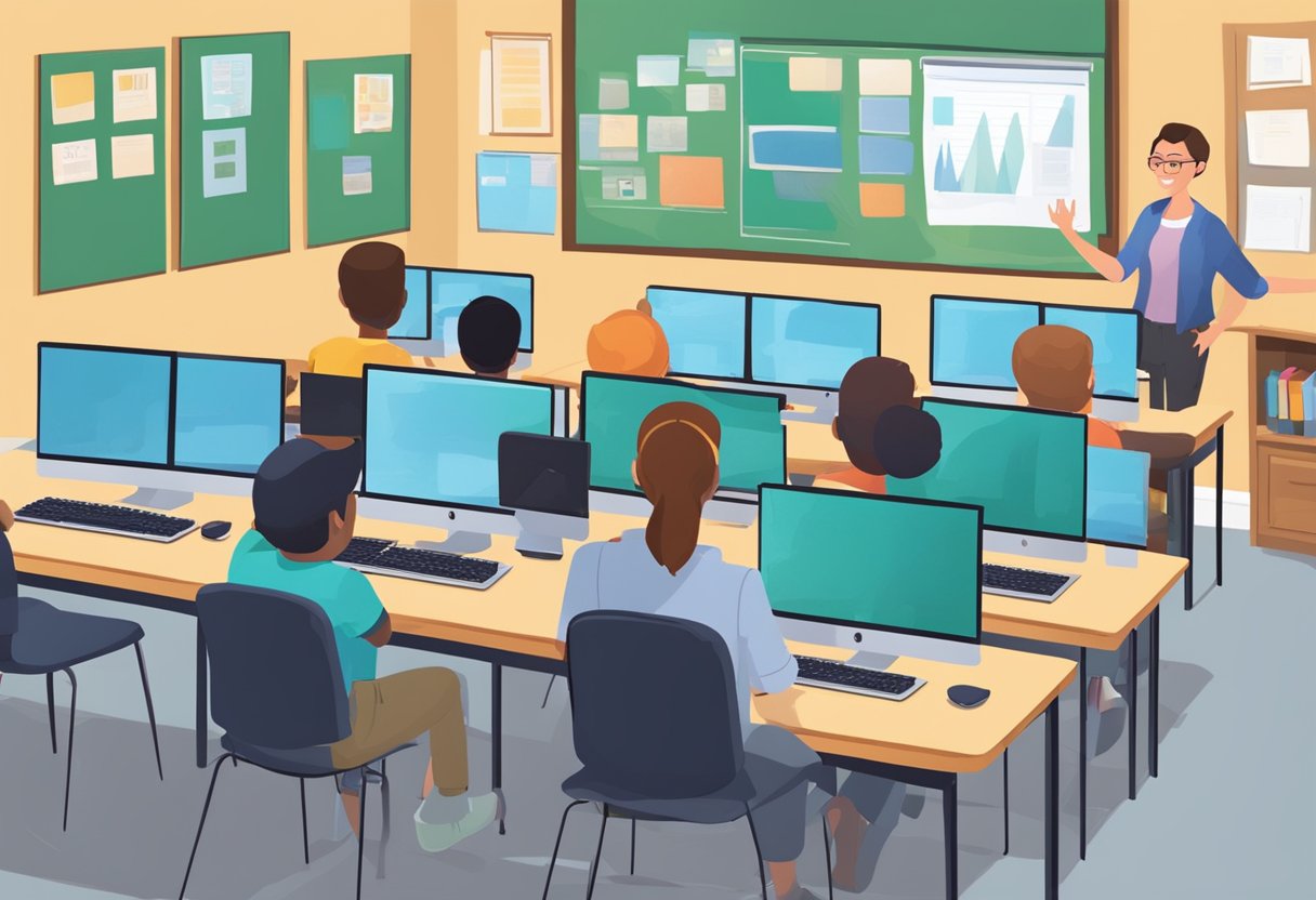 A classroom setting with students using animation software on computers, while a teacher explains and demonstrates