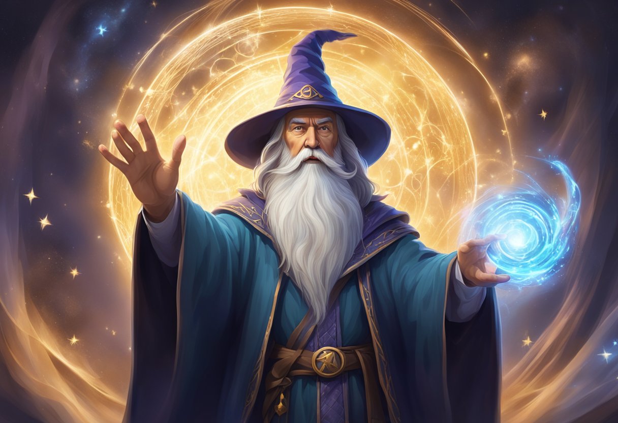 A wizard casting a spell, surrounded by swirling magical effects and glowing symbols