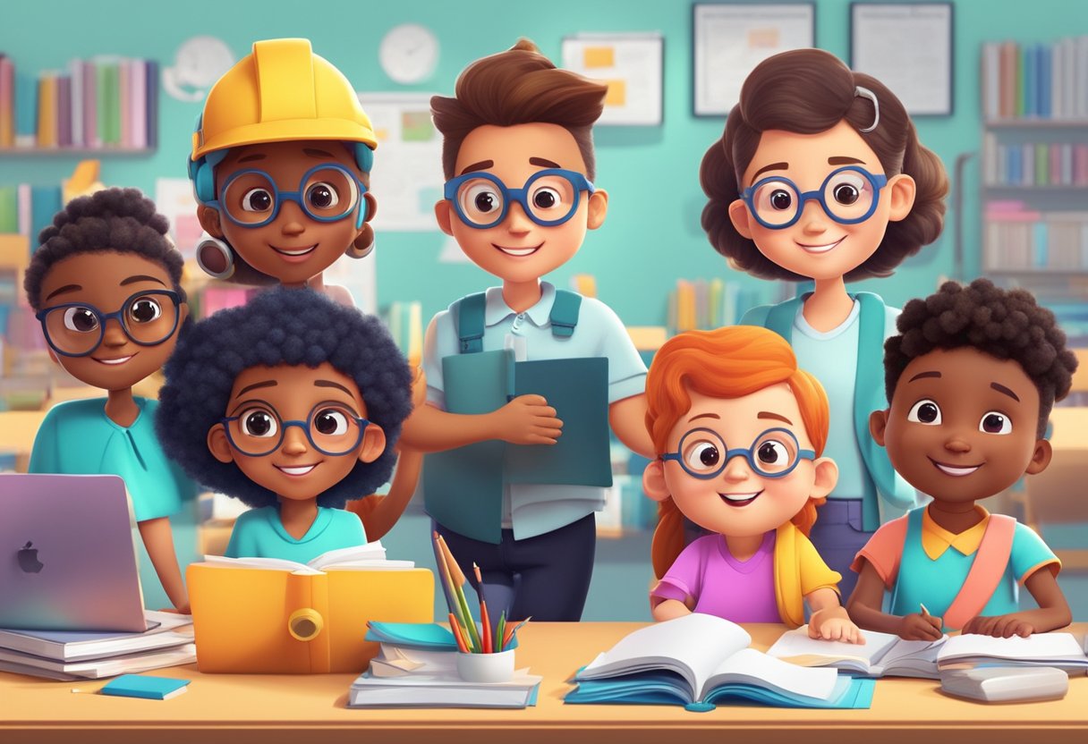 A group of diverse cartoon characters working together on a collaborative project, surrounded by colorful teaching resources and animated elements