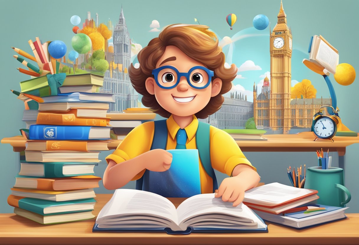 A colorful animated character surrounded by teaching resources and uk landmarks