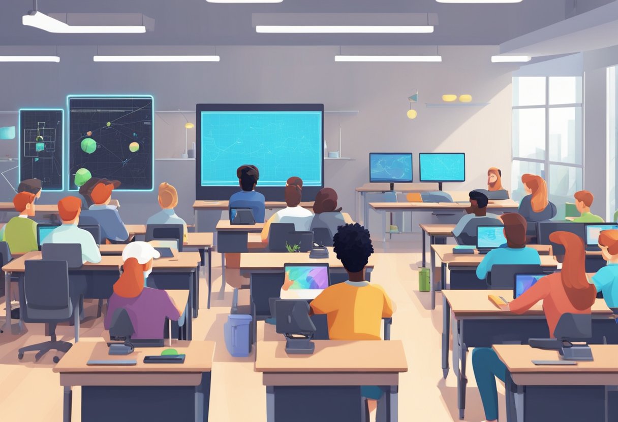 A modern classroom with interactive screens, 3D printers, and virtual reality headsets. Students collaborate on digital animation projects