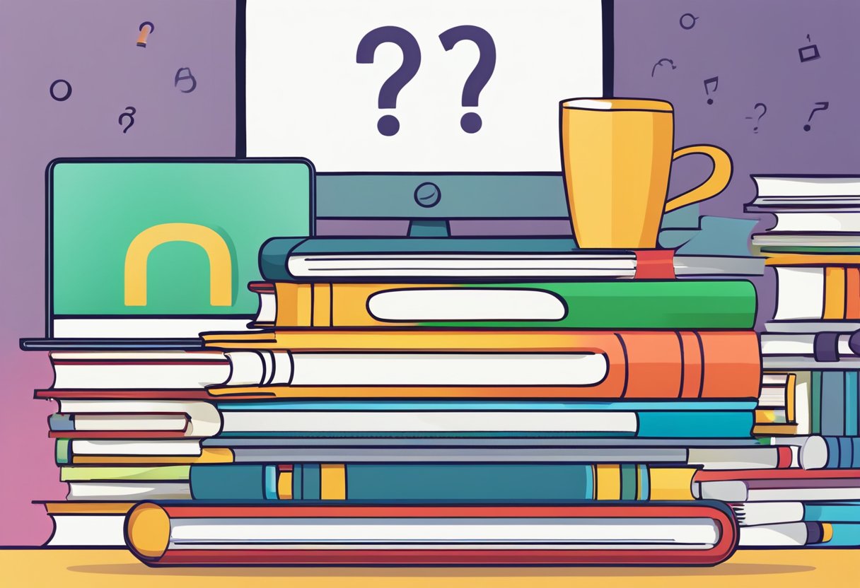 A stack of colorful books with question marks floating above them. A teacher's desk with a computer showing FAQ resources