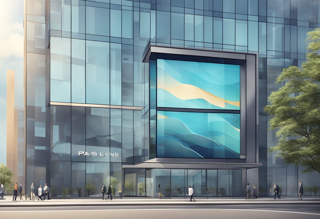 A sleek, modern office building with the company logo displayed on a large digital screen. Bright, dynamic animations and graphics draw the attention of passersby