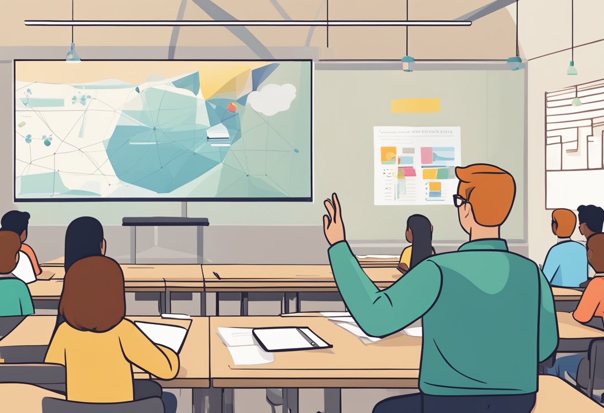 An educator stands in front of a large screen displaying an engaging educational video animation. The educator gestures towards the screen, emphasizing key points as students watch attentively