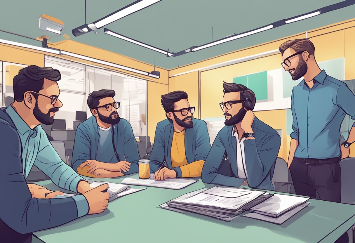 A group of professionals discussing and reviewing various corporate animation studios in the UK