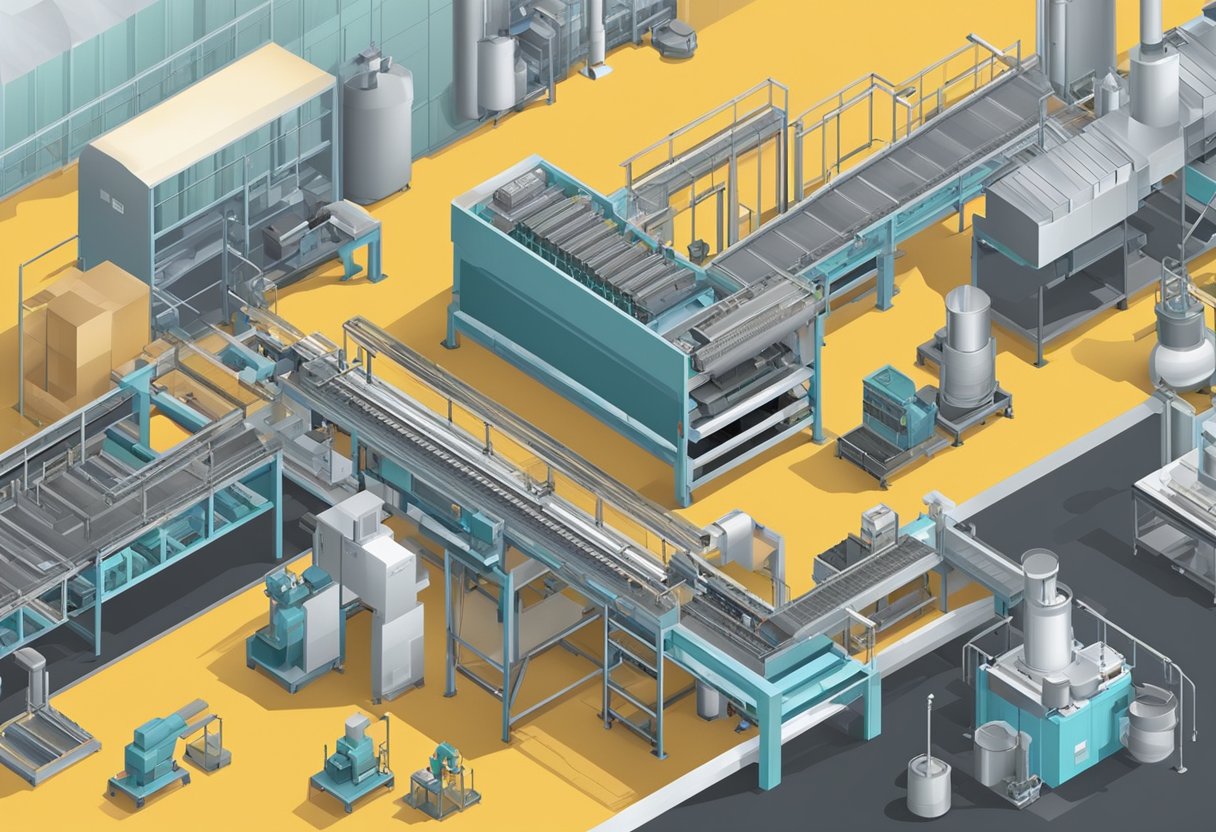 A conveyor belt moving through various stages of production, with machinery and equipment in a corporate setting