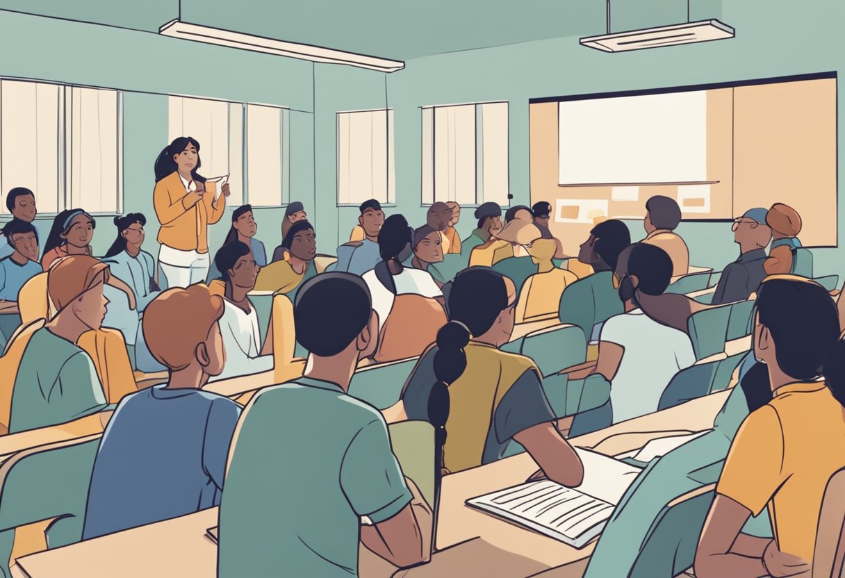 A diverse group of students watching a video animation, some engaged while others appear disinterested. The animation is displaying complex educational concepts with limited visual clarity