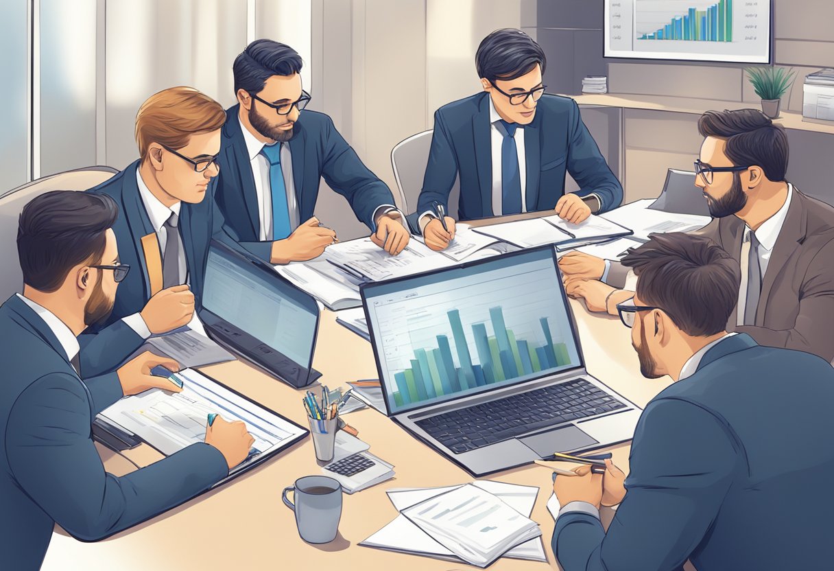 A group of professionals sit around a conference table, discussing and calculating financial figures on their laptops and notepads