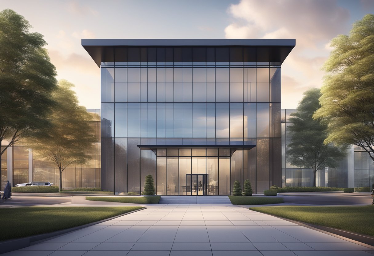 A sleek, modern office building with a dynamic, animated logo displayed on a large screen at the entrance