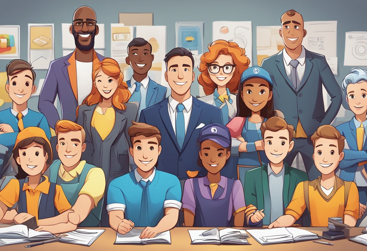 A group of animated characters showcasing various talents and expertise, with corporate logos and positive reviews in the background