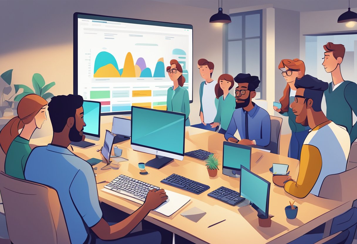 A group of animated characters gather around a computer screen, sharing positive reviews and feedback about corporate animation in the UK