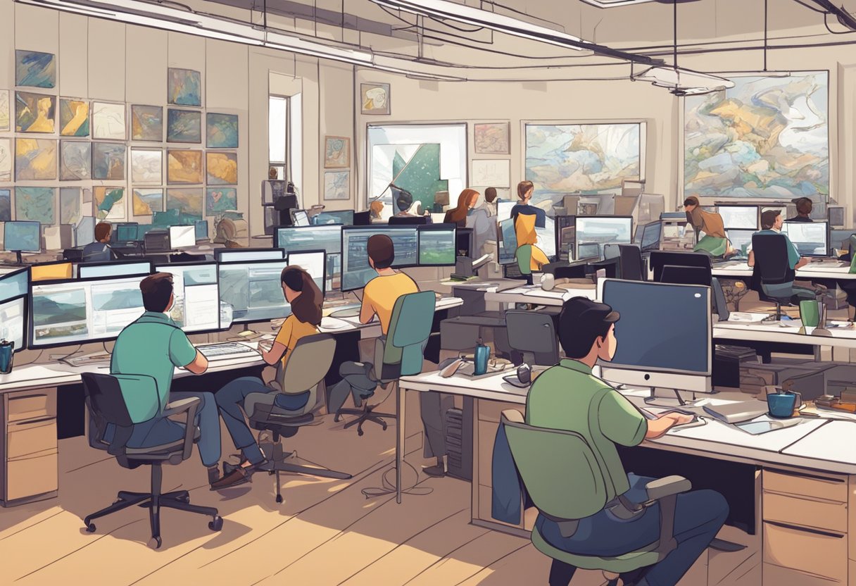 A bustling studio with animators at work, surrounded by concept art, storyboards, and computer screens. An atmosphere of creativity and collaboration fills the room