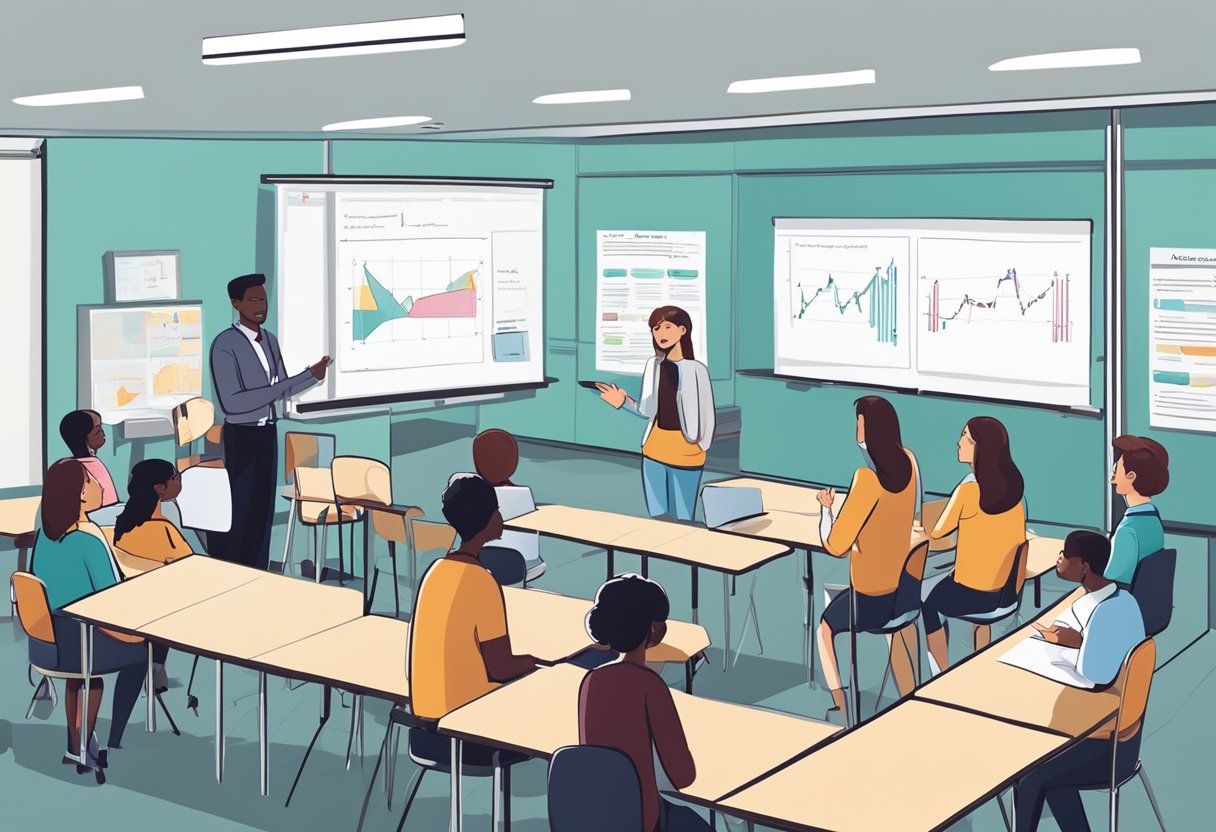 A group of vocal pedagogues sharing testimonials in a classroom setting, with various vocal exercises and diagrams displayed on a whiteboard