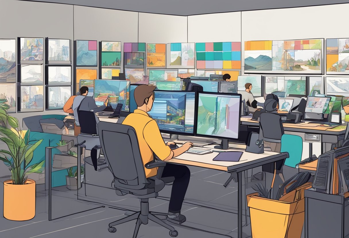 A bustling studio with animators at work, surrounded by colorful storyboards and computer screens, while a variety of animation techniques are being used