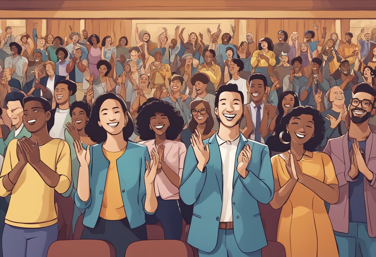 A group of diverse individuals smiling and clapping in a theater setting, with musical instruments and theater props in the background