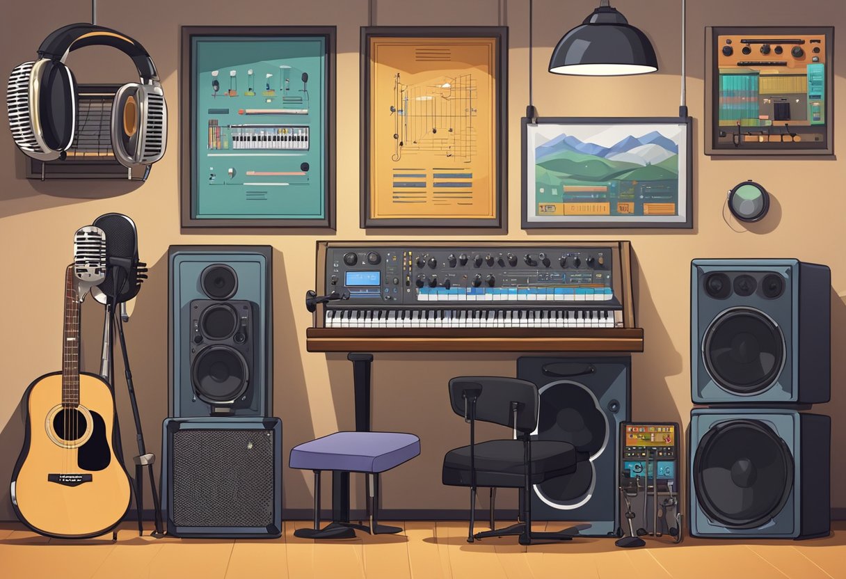 A music studio with various instruments and microphones, posters of different music genres on the walls, and a shelf filled with educational vocal lesson materials