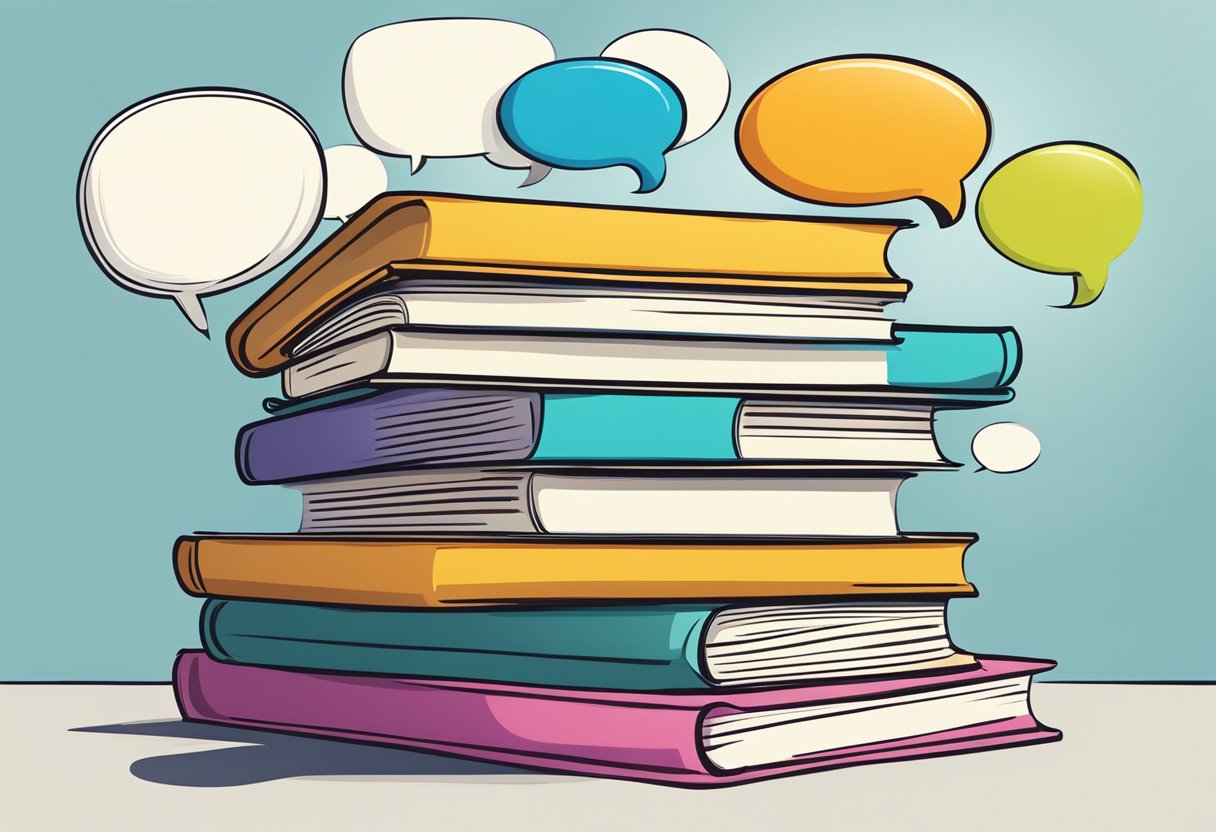 A stack of open books with speech bubbles and positive symbols floating above