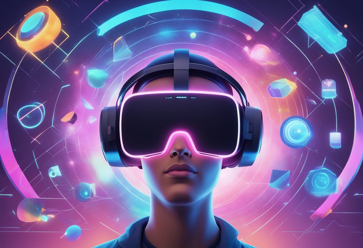 A futuristic virtual reality headset surrounded by floating holographic animation tools and interfaces