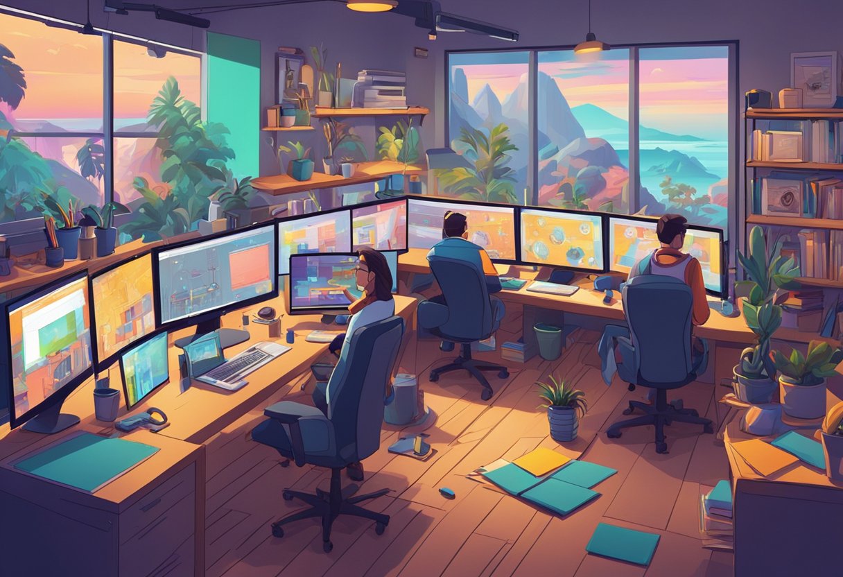 A bustling animation studio filled with artists at work, surrounded by colorful concept art and storyboards. Computer screens display intricate character designs and vibrant backgrounds