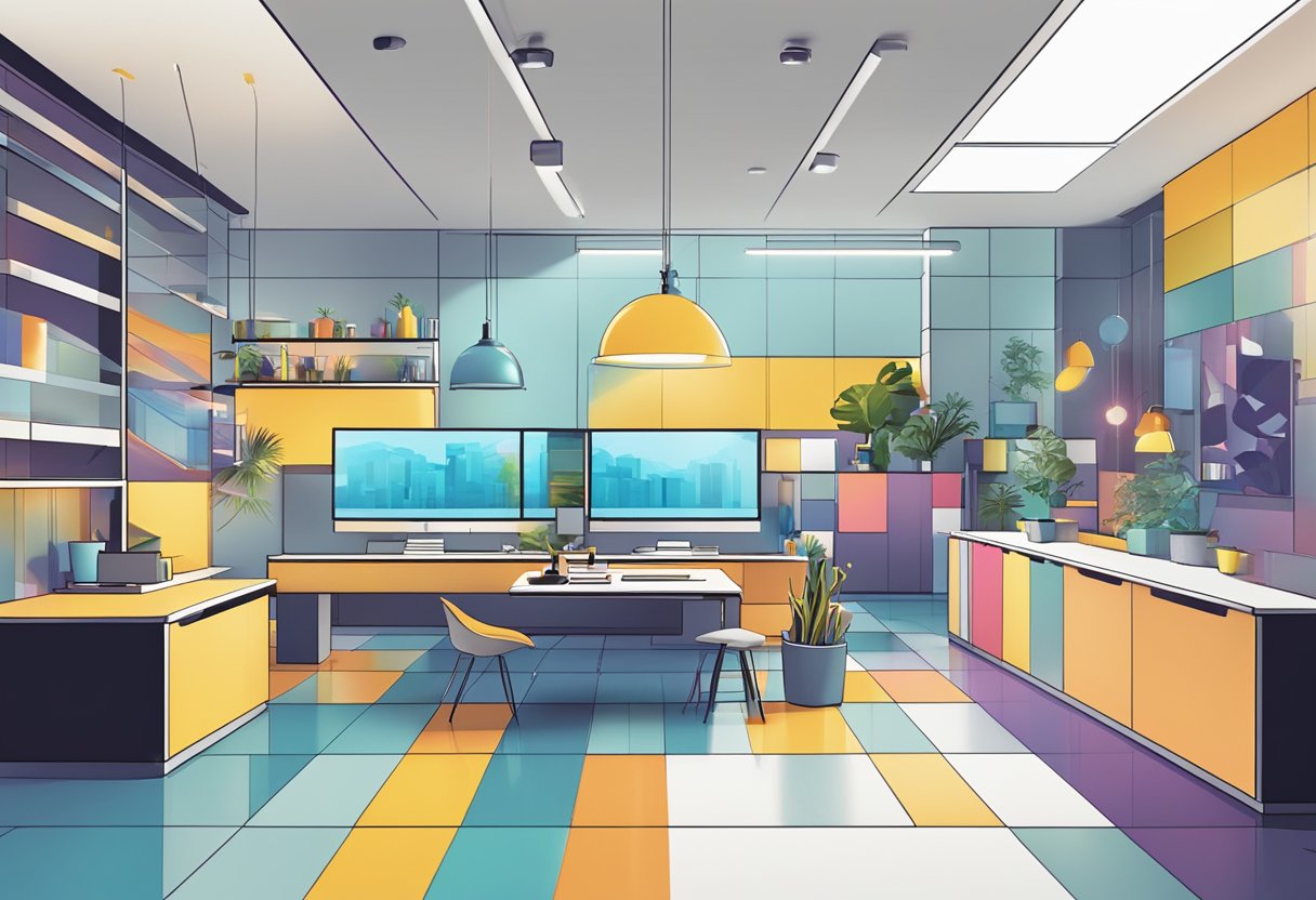 A dynamic scene with evolving digital animation tools, showcasing Flash and SVG platforms in a modern, interactive setting