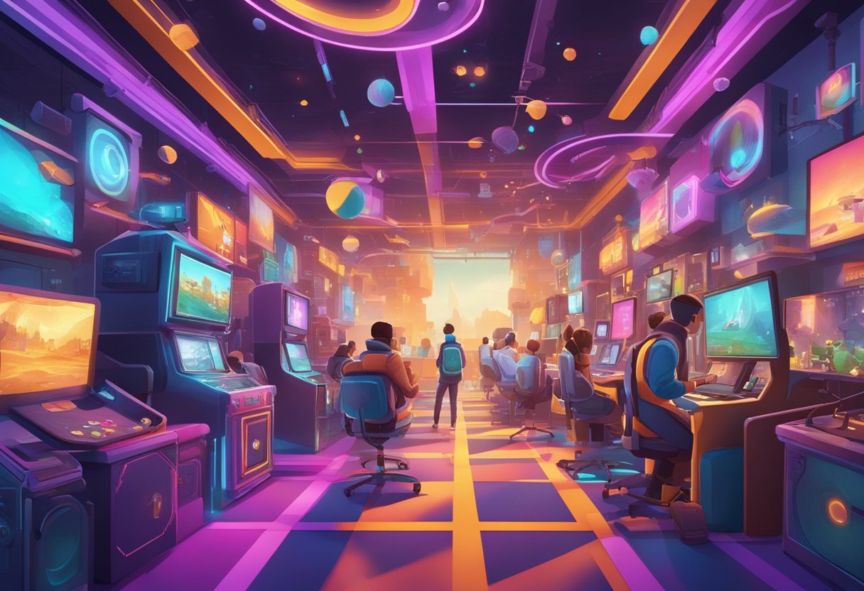 A colorful, dynamic virtual world filled with animated characters and interactive elements, showcasing the latest gaming and interactive media technology