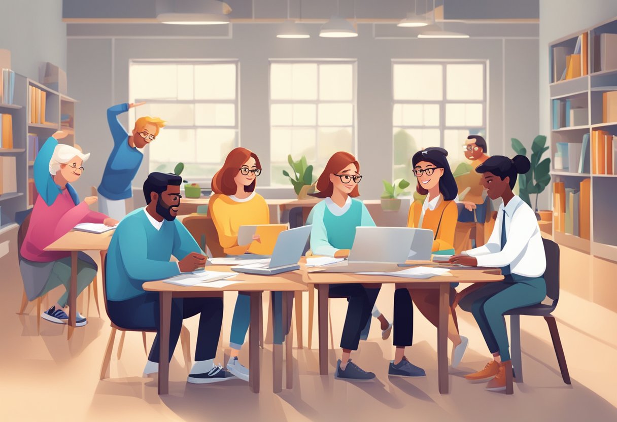 A group of animated characters engaging in various educational activities, such as learning, teaching, and discussing corporate concepts