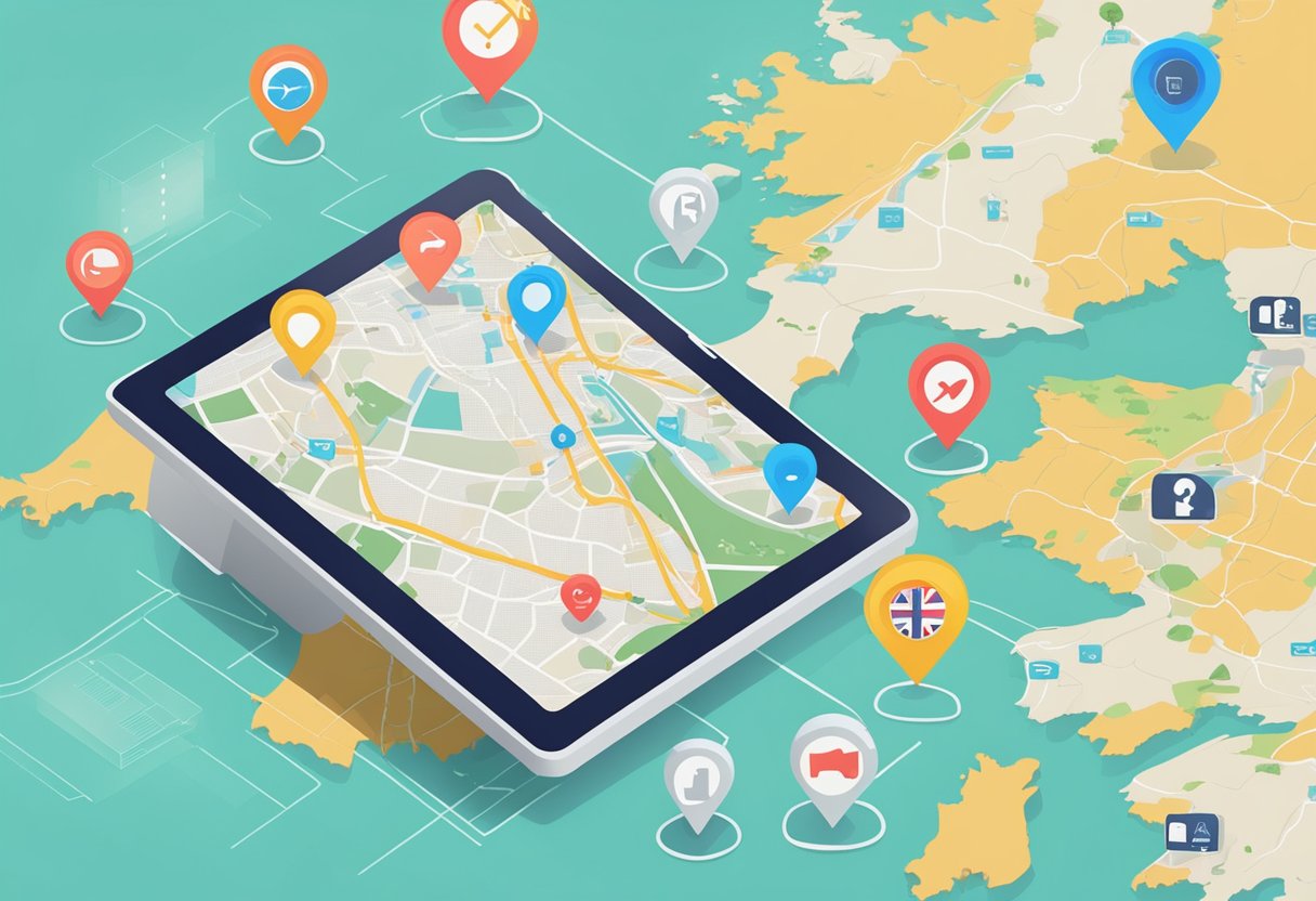 An animated computer screen displaying interactive FAQ icons with a map of the UK in the background