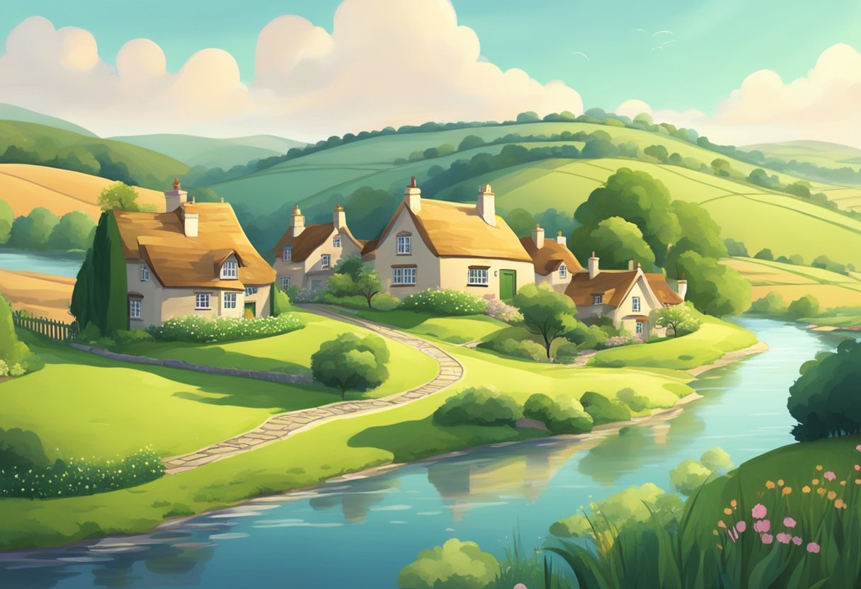 Rolling hills with charming cottages, a winding river, and lush greenery. A quaint animation studio nestled in the picturesque UK countryside