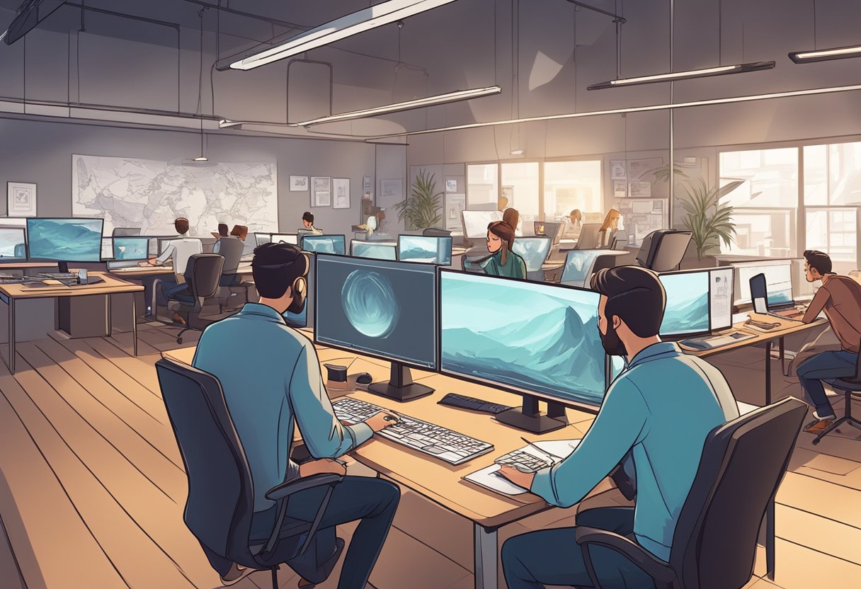 A group of animators work diligently in a studio, surrounded by storyboards and computer screens. The atmosphere is focused and professional, with a sense of creativity and teamwork