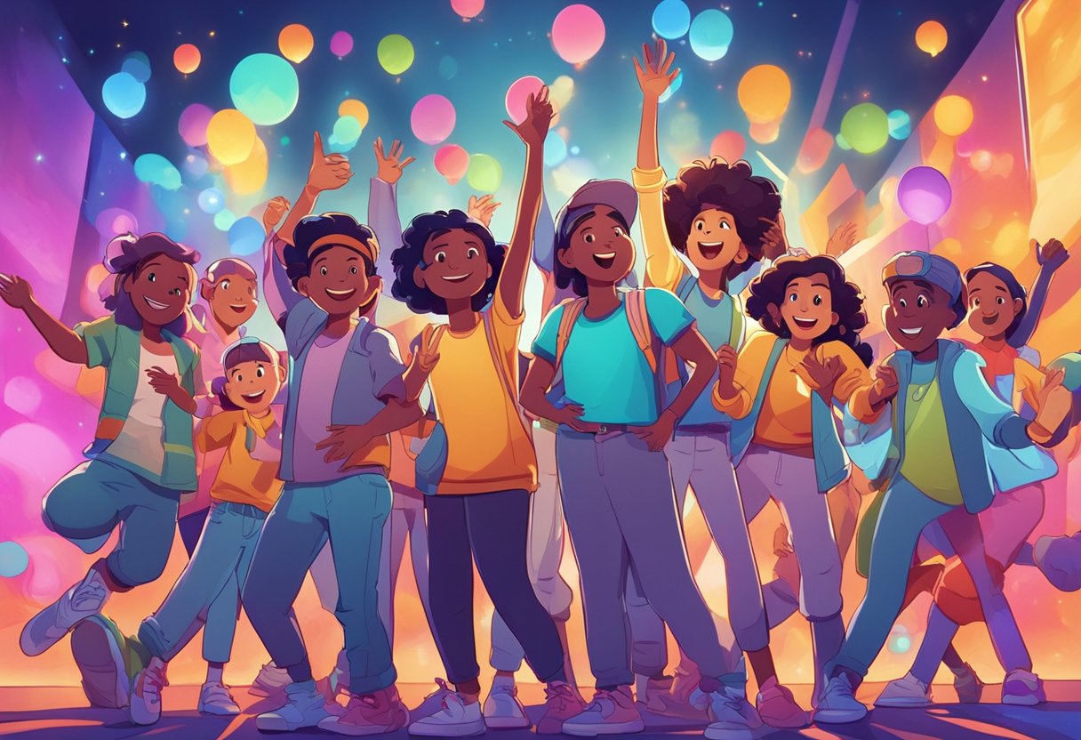 A group of diverse animated characters gather around a glowing screen, smiling and gesturing enthusiastically. The background is filled with colorful and dynamic elements, suggesting a lively and engaging atmosphere