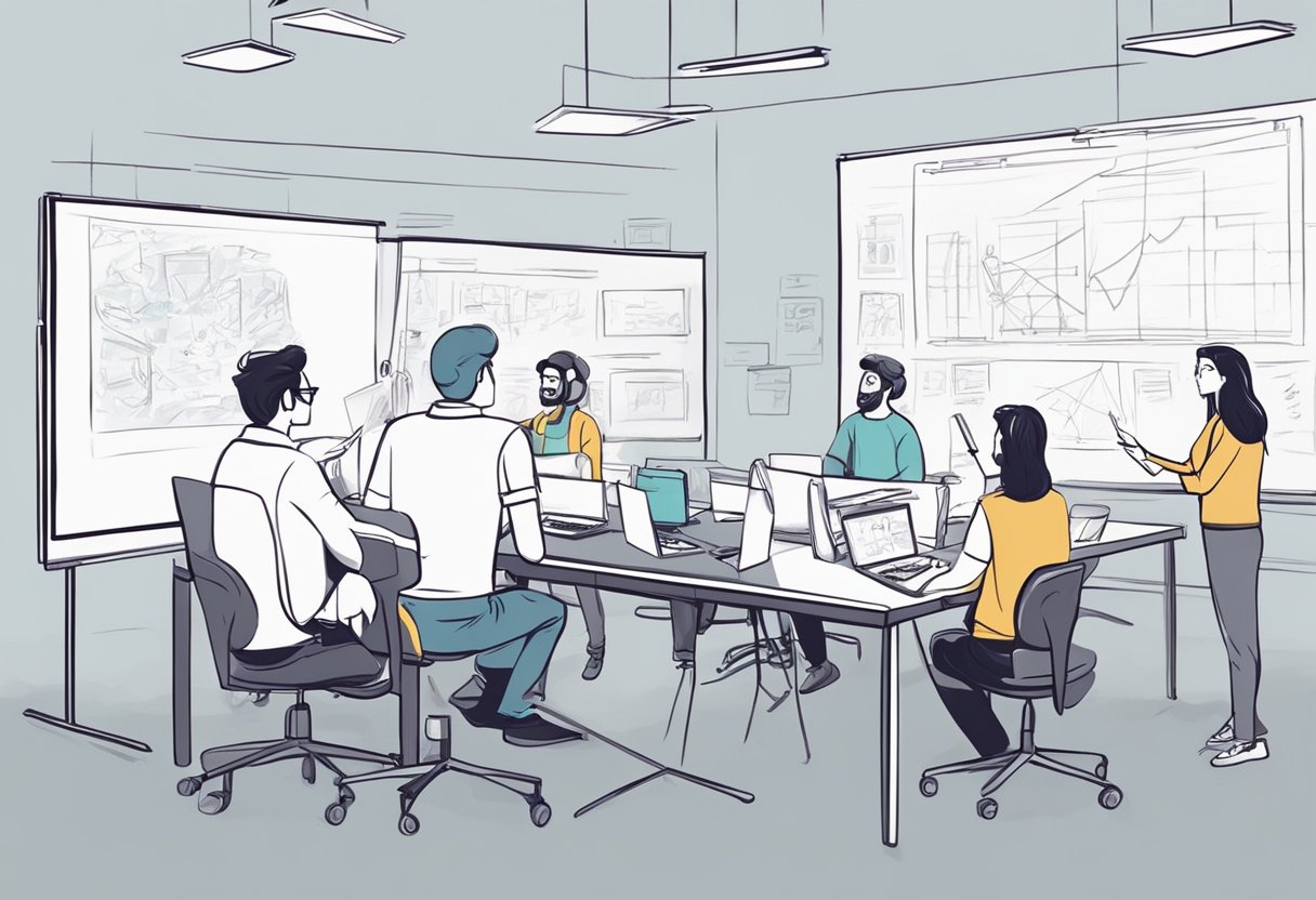 A group of animators brainstorm and sketch ideas on a whiteboard in a creative studio