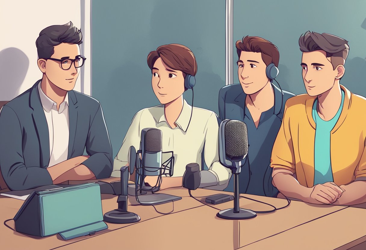 A group of animated characters gather around a microphone, with one speaking and the others listening attentively