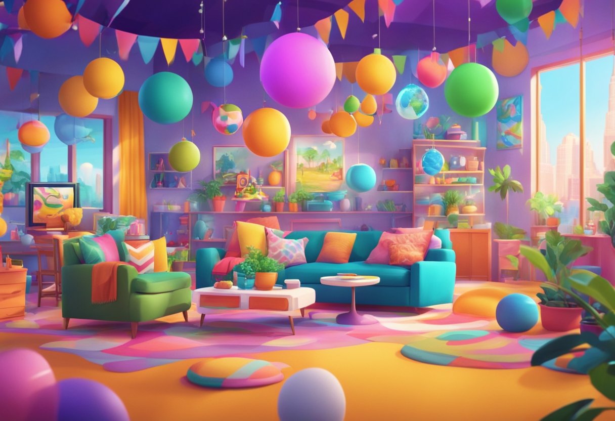 A vibrant, animated world with colorful characters and products interacting in a lively TV commercial setting