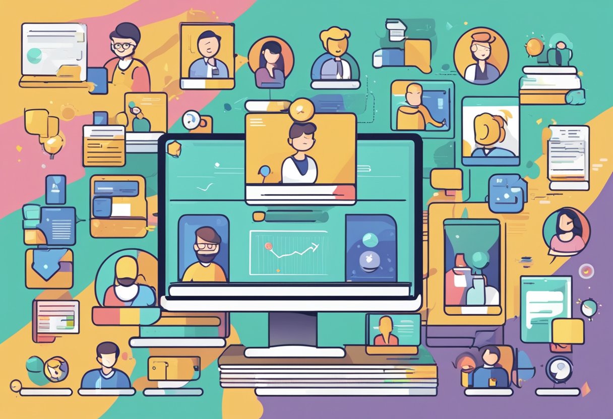 A computer screen displaying various animated characters and scenes with positive testimonials surrounding it