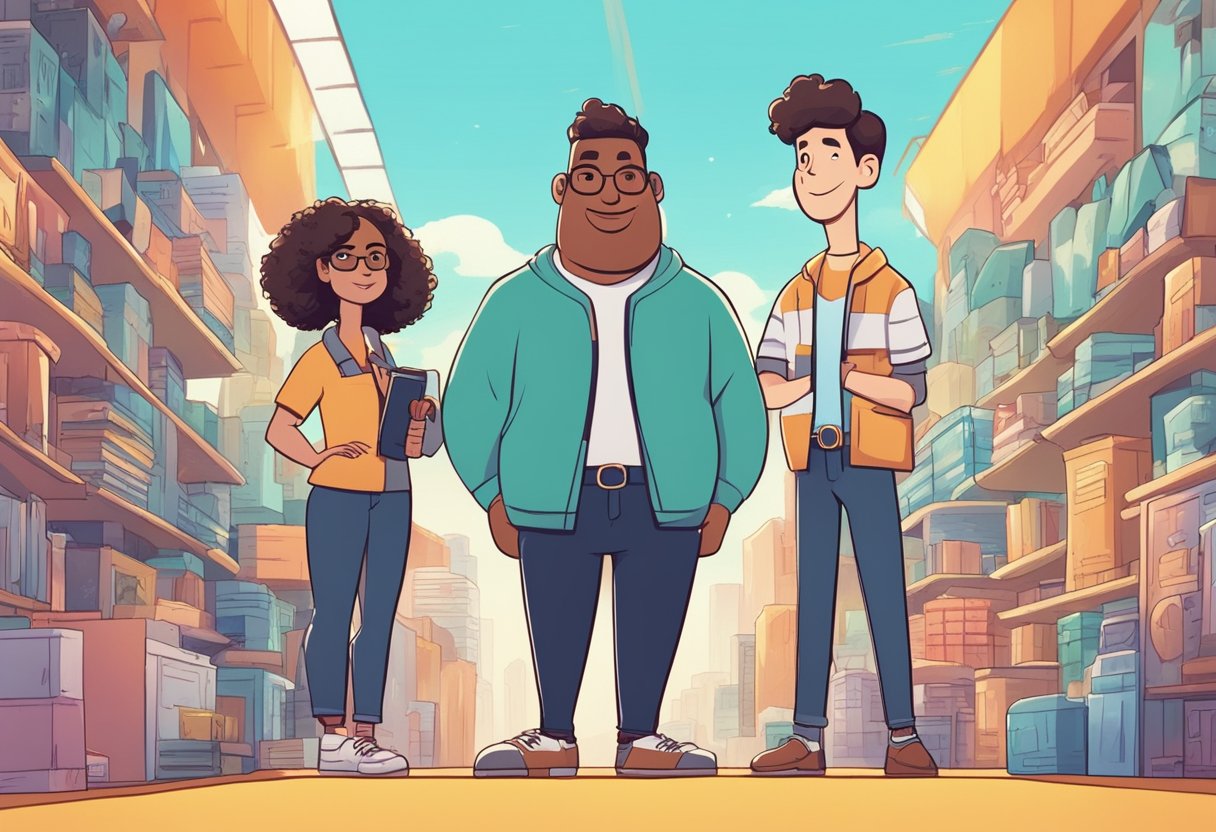 Two animated characters stand side by side, each representing a different animation company. They are surrounded by various elements symbolizing the types of content they create