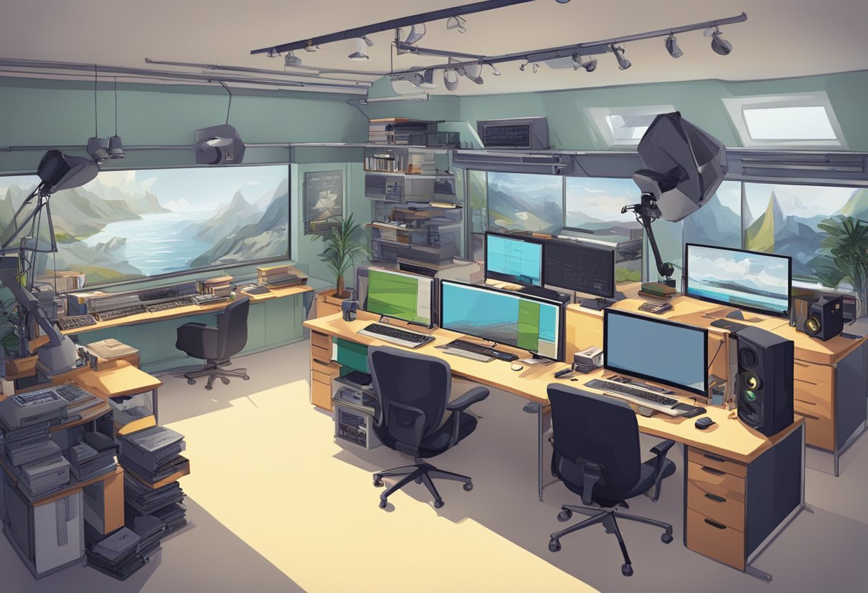 A bustling animation studio with high-tech equipment and creative resources in the UK
